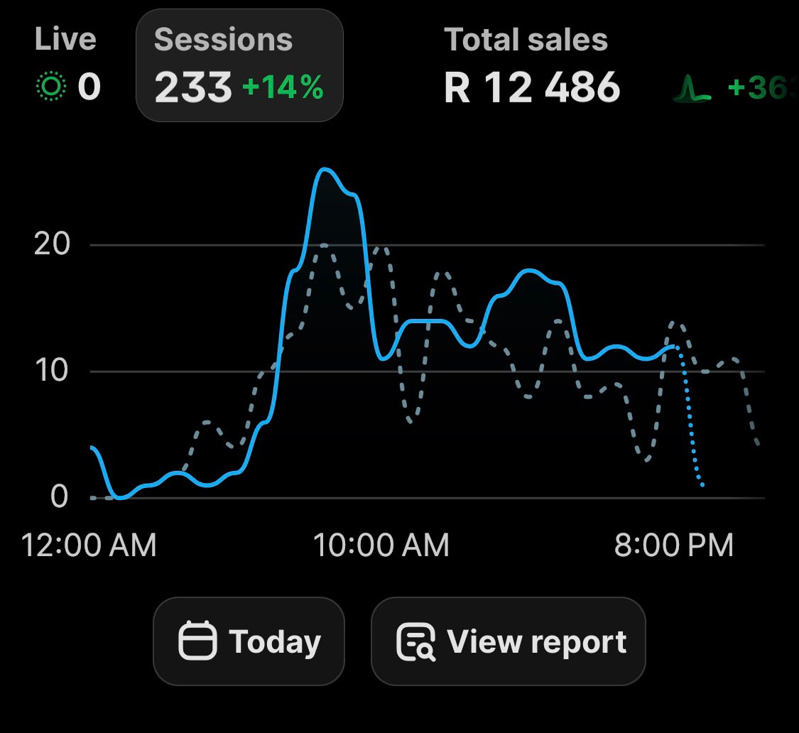 Derik’s operator dashboard showing R12,486 total sales and 233 sessions. Today is selected; the plotted graph measures sessions, not sales.