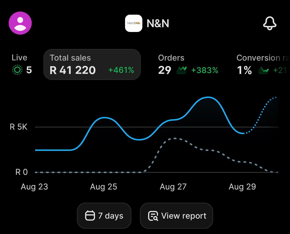 Janko’s seven-day Shopify dashboard showing R41,220 total sales and 29 orders.